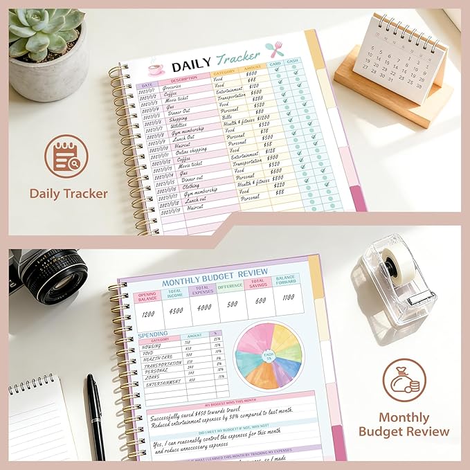 Ospelelf Budget Planner Undated, Money Expense Tracker with Pocket & Stickers, Thick Cardboard Cover, Large Pages for Spacious Writing, Original Fun Colorful Design, 12 Month Financial Notebook Beige