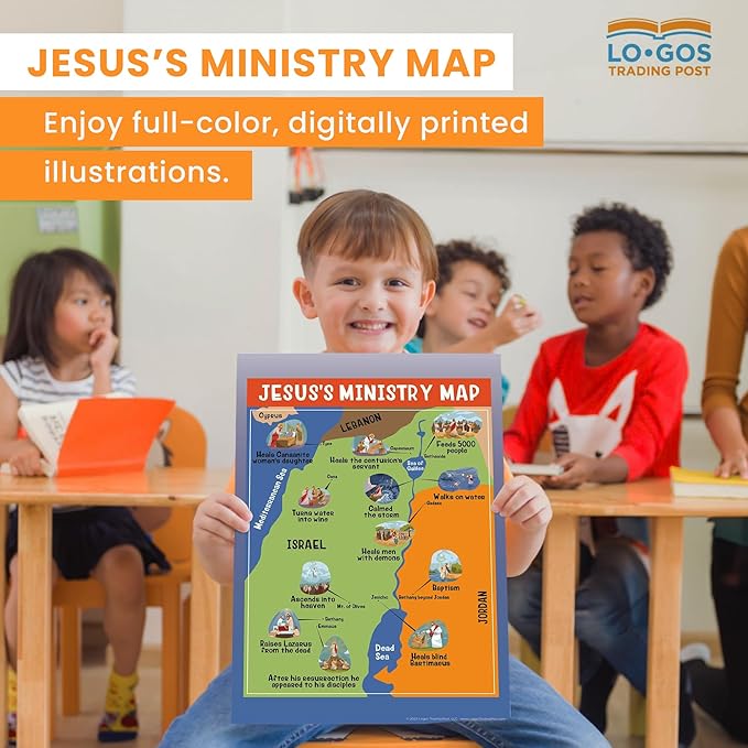 Bible Posters For Kids - Jesus Ministry Map, 11"x17" Laminated Sunday School Posters For Christian Classroom Decor, Sunday School Decorations For Classroom & Church Nursery Decor