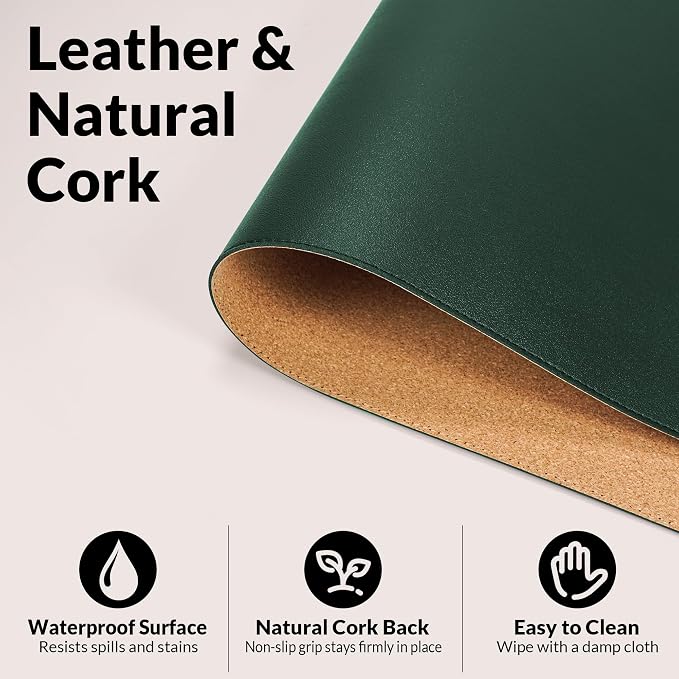 AFIING Cork Desk Mat, Dark Green, 31.5" x 17",Desk pad Protector | Dual-Sided Cork & PU Leather, Waterproof, Non-Slip, For Office & Gaming