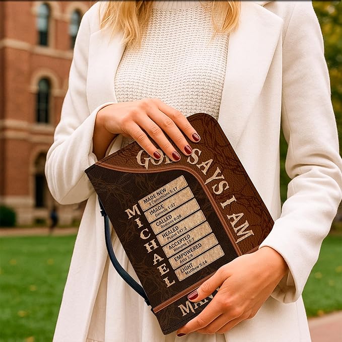 Personalized Man of God Bible Cover, God Says I Am Bible Case PU Leather, Bible Holder Handle Zipper, Faith Scripture with Name Case Bag, Religious Gifts for Church Christians Women Men