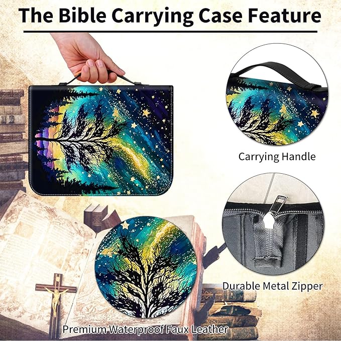 Bible Cover for Men Women,Large Leather Bible Case Fit Book Up to 11x8x2 Inch,Stars Tree Bible Covers Bible Study Carrier Church Bags w/Handle & Zipper