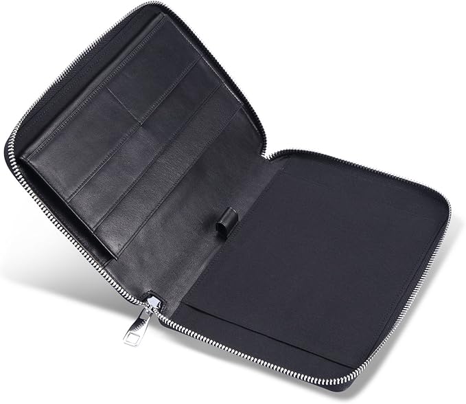 Leather Junior Padfolio for Men & Women with Pen Loop, Italian Calfskin, Business Portfolio Notebook Folder (Zippered Black)