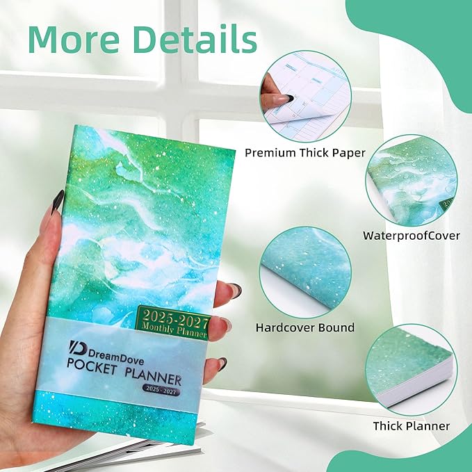 2026-2027 Monthly Pocket Planner/Calendar , 2 Year Small Size Academic Planner With Daily Quotes Hardcover Agenda Book Perfect Organizer for Purse,Planning, Organizing, and Office Use (Floral+Starry Sky Green)