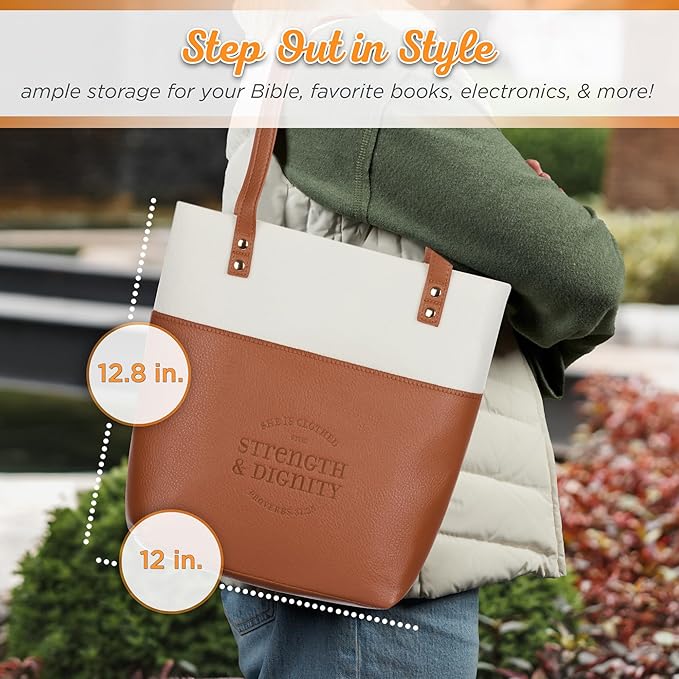 Christian Art Gifts Felt and Faux Leather Fashion Bible Cover Tote Bag for Women: Strength and Dignity - Proverbs 31:25 Bible Verse, Inspirational Durable Two-tone Tote Bag for Books and Supplies