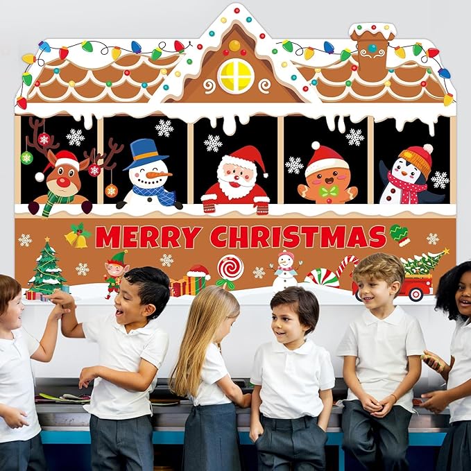 Christmas Gingerbread Bulletin Board Decorations Merry Christmas Bulletin Board Sets Large Gingerbread House Classroom Decorations Winter Xmas Tree Elk Snowflake Cutouts for Xmas Party Supplies