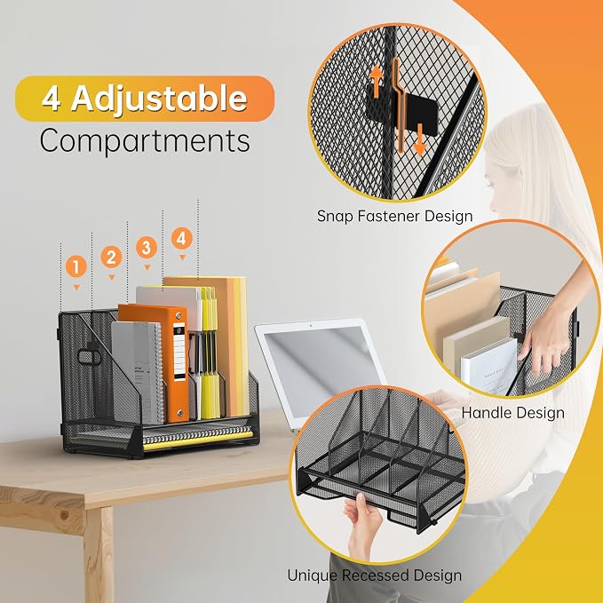 Docnest Desk File Holder Sorter, 4 Vertical Compartments Rack with Letter Tray, Mesh Magazine File Holder with Handle,Workspace Organizers,Desk Organizers for Paper, Mail, Documents-Black