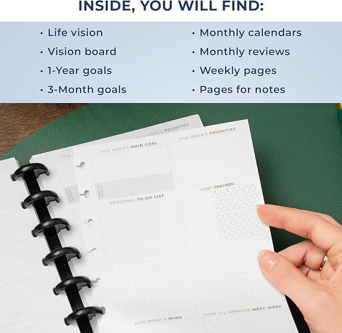 Clever Fox Disc-Bound Weekly Planner – Undated Monthly Notebook with Habit Tracker, Productivity Journal – Life, Work & Goal Organizer, 6.5 x 8.4" (Dark Blue)