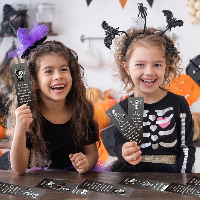 TICIAGA Halloween Skeleton Bookmarks - 60Pcs Halloween Skull Bookmarks for Women, Double Sided Book Tracker Skeleton Page Marker for Book Lovers, Skull Christian Church Giveaways for Sunday School