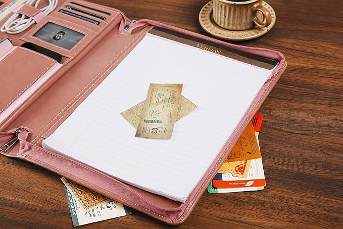 Padfolio for Women, Pink Leather Portfolio with Zipper, Vegan Leather Business Portfolio Organizer with A4 Writing Pad Holder for Resume, Interview, Meeting, Non-Custom