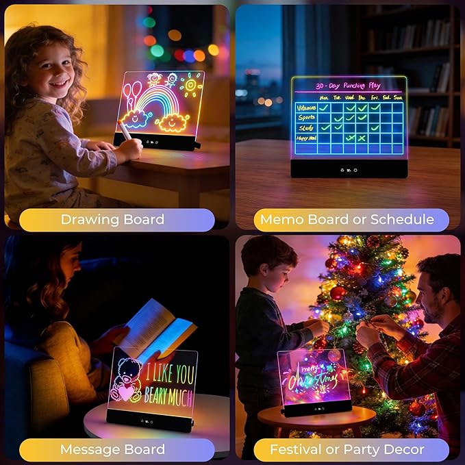 Bawaslom Rechargeable Doodle Glow LED Drawing Board for Kids,11.8"×10.3" Magic Neon Light Up Drawing Tablet,8 Colors & 4 Modes,Built-in Stand Note Board,Creative Toys Gifts for Girls & Boys,Black