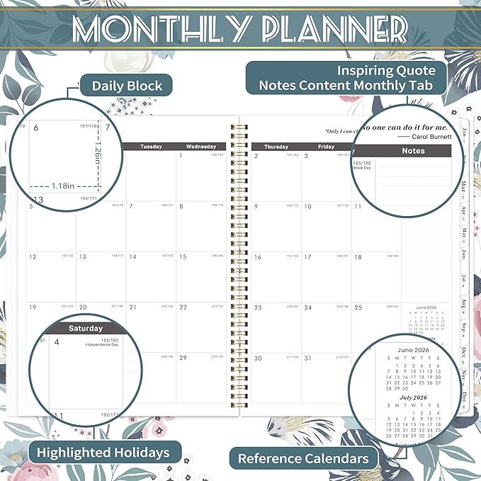 2026-2031 Monthly Planner - 5 Year Planner/Calendar 2026-2031 Spiral Bound, Jul. 2026 - Jun. 2031, 9" x 11", Twin-Wire Binding + Printed Tabs - Petunia
