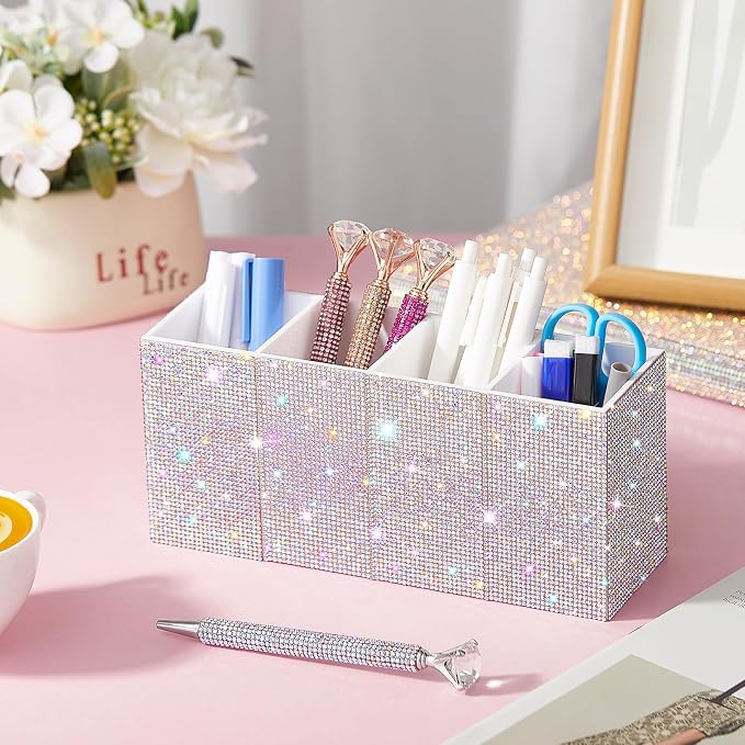 Bling Desk Organizer for Women, Rhinestone Pen Makeup Brush Holder, Girly Desk Accessories Organizer for Office Classroom Elevate Your Workspace with Serenity(Rhinestone,White)