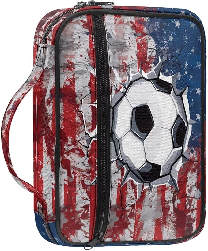Soccer Ball US Flag Print Bible Covers for Women & Men, Bible Case and Organizer Bible Carrying Case with Zippered Pocket Bible Protective Bag