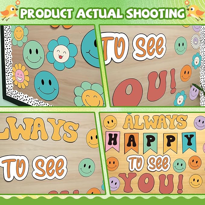 VABAMNA 63 Pcs Groovy Bulletin Board Decorations Set Retro Happy Face Classroom Decor with Black Dots Border Trims for Back to School Classroom Wall Door Decor
