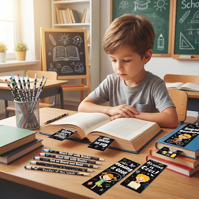 240 Pcs Reading Bookmarks Pencils Bulk 120 Set Fun Bookmarks Pencils Reading Student Gifts 100th Day of School Prizes Classroom Reward Supplies for Book Lover Club Favor Bookish