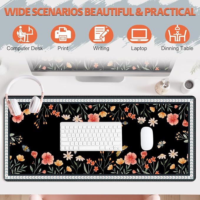 Desk Pad for Keyboard and Mouse, Large Mouse Pad for Desk, Non-Slip Keyboard Mat, Computer Mats for Desk, Cute Desk Pad with Stitched Edges for Office, Gaming I Black Butterflies Flowers