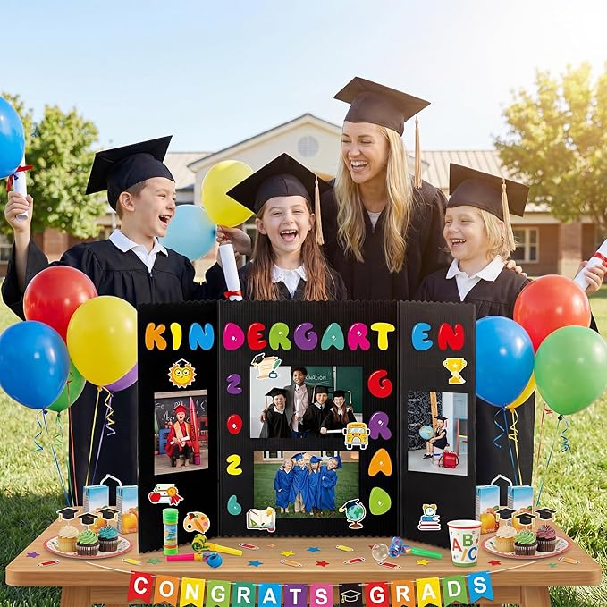 ANGOLIO Kindergarten Graduation Photo Display Board - 4 Sets Graduation Photo Trifold Poster Board with 16 Grad Themed Sticker for 2026 Grad Party Decoration Picture Collage Frame Supplies (24” x 16”)