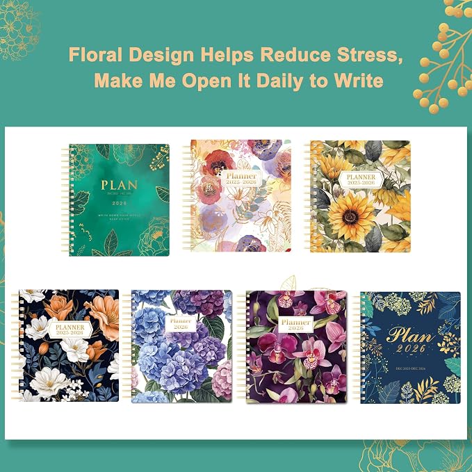 CAGIE 2026 Planner Weekly and Monthly， Jan - Dec 2026 8.3 x 9.3 Inch Hardcover Spiral Bound, 13 Monthly Dividers Tabs, Stickers, Floral Daily Planner for Women Perfect 2026 Yearly Calendar Planner