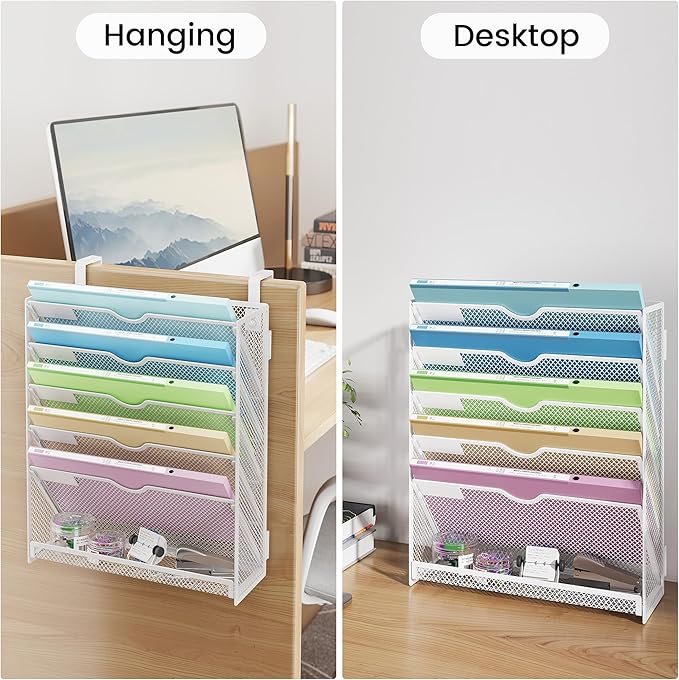 Hanging Wall File Organizer 6-Tier Wall Mount Mail Organizer & Desk Paper Organizer, Sleek White Metal File Folder Holder for Office, Cubicle, Bedroom | All-in-One Document Storage Shelf