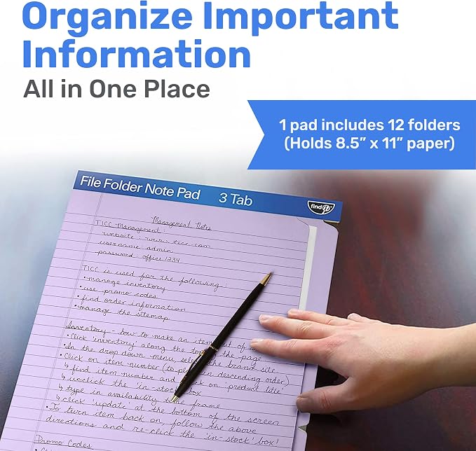 Find It File Folder Notepad - Pack of 12-9.5 x 12.5 Inch Notebook Organizer Folders for Filing, Document, and Clipboard Organization - Lavender