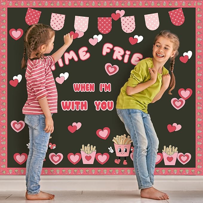 Zhanmai 74 Pcs Valentine's Day Fries Bulletin Board Set, Valentines Classroom Door Decor French Fries Bulletin Board Trim Red Pink Heart Cutouts for Chalkboard Wall Home Decor