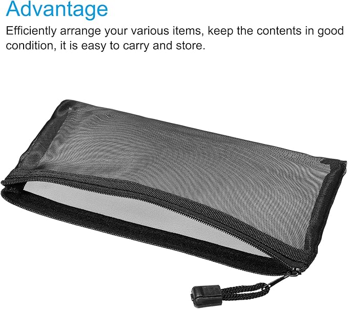 MECCANIXITY Mesh Zipper Bags, A6 Nylon Zip Pouch Pencil Case Storage Pockets for Travel Office Accessories, Black Pack of 6