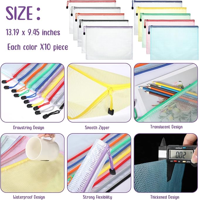 Zhehao 100 Pcs A4 Mesh Zipper Pouch Bag Bulk Mesh Pouch with Zipper Waterproof Clear Storage Bag for School Office Supplies Cosmetics Travel(A4(13.19 x 9.45 in),Vivid Color)