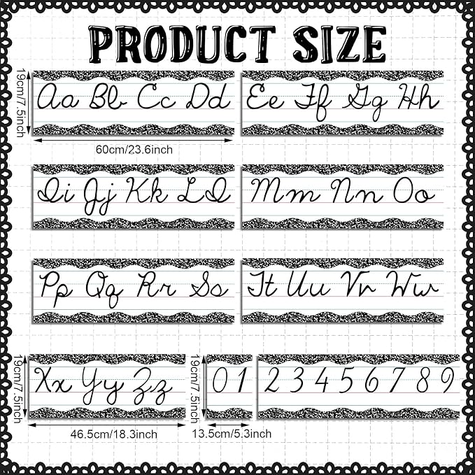 Set of 9 Cursive Writing Bulletin Board Cursive Alphabet Wall Strip for Teacher Supplies, Classroom Teaching Tool, Homeschooling, Kids Education (Composition)
