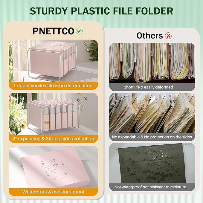 Hanging File Folders Letter Size, 2" Pink Hanging File Folder, Pink File Folders Hanging with 1/5 Cut Tabs, 12 Pack Plastic Hanging Folders Accordion Pockets for Office Filing & Organization