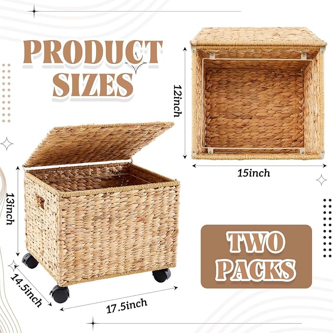 Sintuff 2 Pack Rolling File Cabinet with Lid 17.5 x 14.5 x 13 Inch Seagrass Rolling Filing Cabinet with Wheels Decorative Hanging File Organizer Basket Box for Home Office Storage(Natural)
