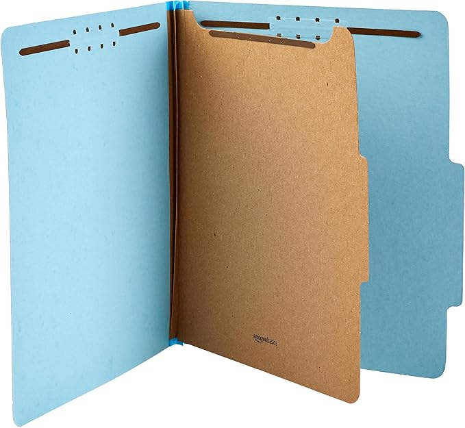 Amazon Basics Classification Folder for Documents and Organization, 1 Divider, 2" Embedded Fasteners, Letter Size, Light Blue, 10 Count