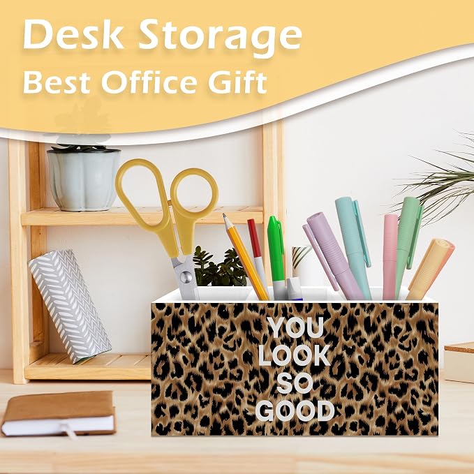 Inspirational Leopard Print Pen Pencil Holder, Cheetah Desk Accessories, Trendy Leopard Print You Look So Good Wooden Pen Pencil Organizer for Y2k Room Dorm Desk Decor