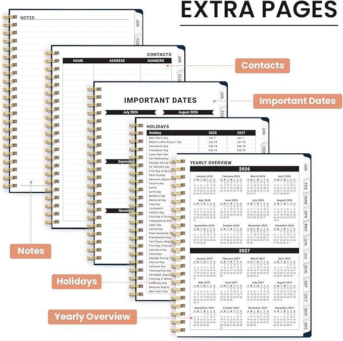 2026 Planner, Weekly and Monthly Planner for Women, Jan 2026 - Dec 2026 Pretty 2026 Calendar Planner with Monthly Tabs, Inner Pocket, Spiral Binding, Perfect for Office Home School - 6.3" x 8.5", Evening Floral