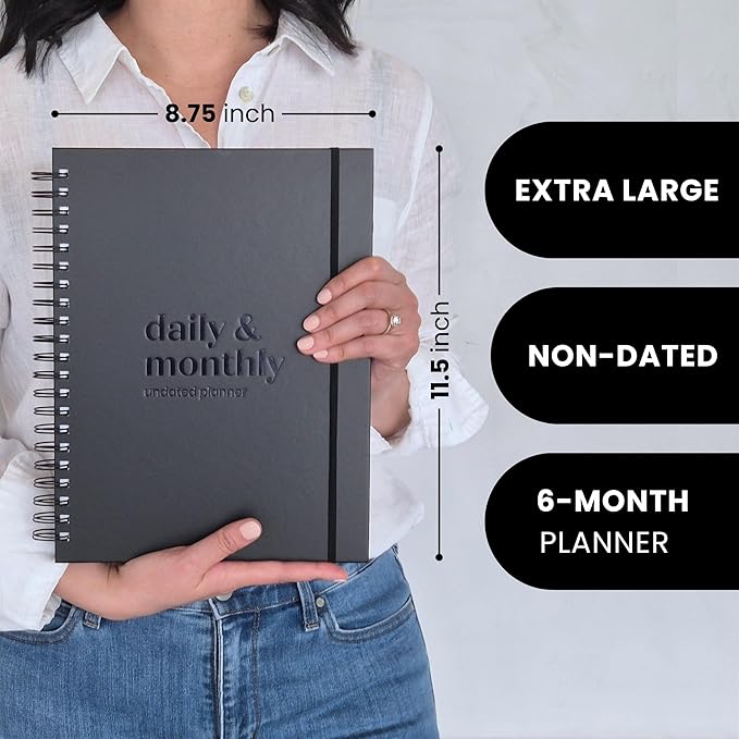 Undated Daily Planner | 2026 Calendar | Large Daily and Monthly Planner with Hourly Schedule, 8.5" x 11" | 6 Month, Full Page a Day, To do List, Time Blocking, Black Aesthetic Hardcover Spiral Notebook