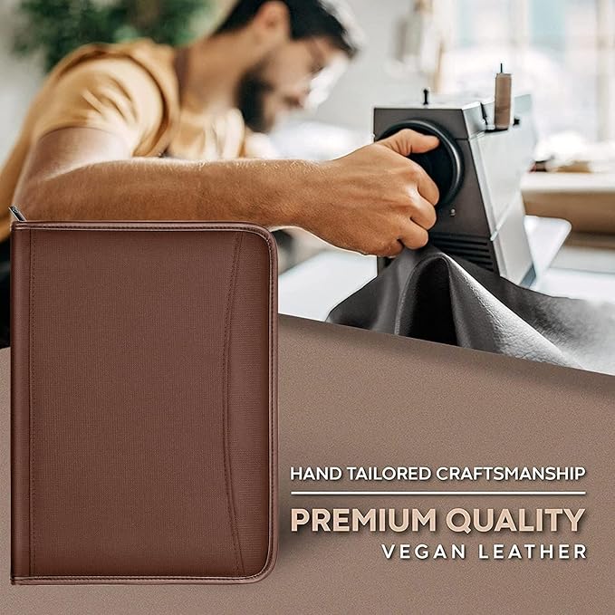 Zippered Portfolio Organizer/ A4 Refillable Lined Writing Notepad Folder Case/Fabric-Covered Padfolio Binder with Interior Storage Pocket for Men Women.Brown