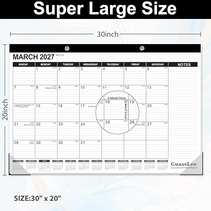 GuassLee Extra Large Desk Calendar 2026, 19 Months Jumbo Desk/Wall Calendar from Jun. 2026 through Dec. 2027, 30 x 20 Inches Hanging Planner with Julian Date, Notes for Home School Office Organizing