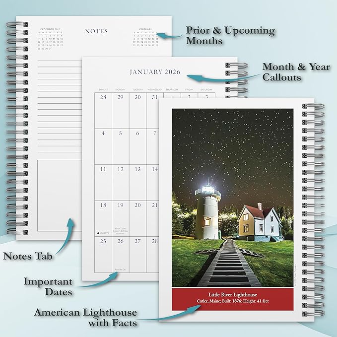 2026 Planner, Weekly & Monthly 12-Month Planner Engagement Calendar with Coastal Photography and Nautical Scenes, 2026, 6" × 9", Great American Lighthouses