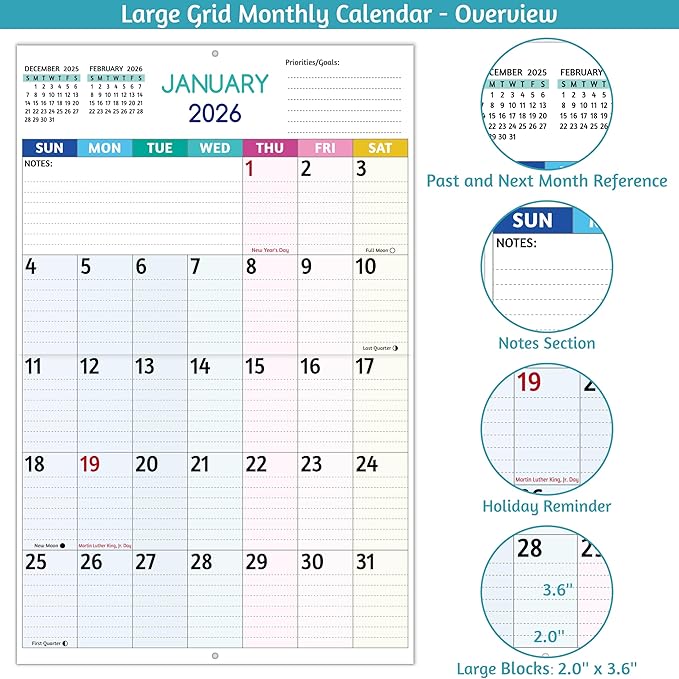 2026 Wall Calendar - Large Print Calendar 2026, 12 Monthly Calendar, Jan. 2026 - Dec. 2026, 14.6 x 22.8 In (Open), 2026 Calendar with Big Numbers, Large Grid, Notes, Moon Phases, Great for Planning