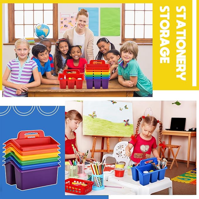 Haundry Classroom Caddy Storage Basket with Handle, 6 Pack Plastic Arts Office Crafts Caddy 4 Compartments for Kids, Pencil, Crayon, Marker, School Supplies, 6 Colors