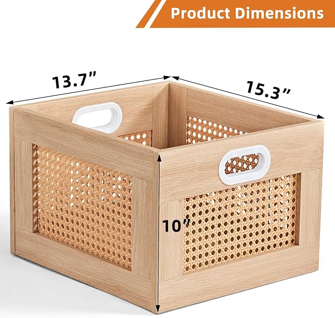 LELELINKY Vinyl Record Storage Crate, Rattan Vinyl Record Holder with Handle, Natural Wood Record Crate for Vinyls Holder up to 75 LP's, Desktop Cube Album Storage for Vinyls Records