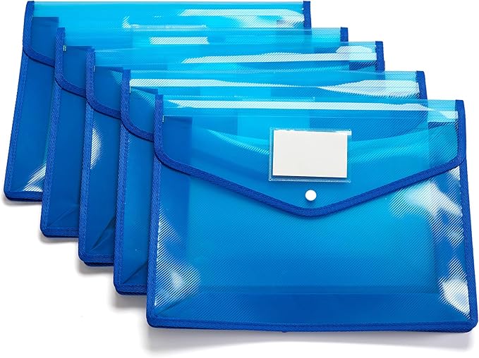 Plastic Wallet Folder Envelope Poly Envelope Expandable File Wallet Document Folder with Snap Button Closure, Legal Size, 5 Pack Large Waterproof Accordion File Pouch (Blue)