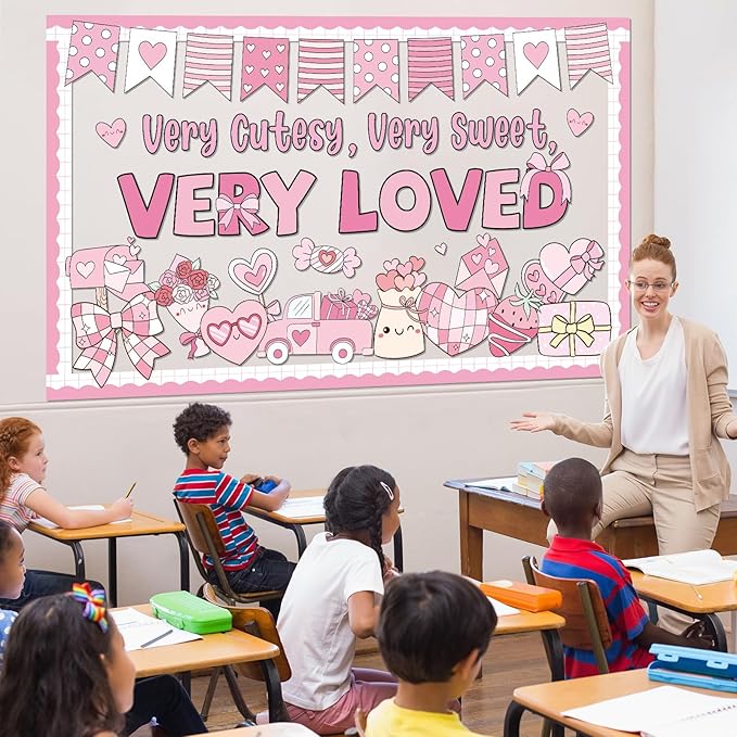 Valentine's Day Bulletin Board Decorations Set Very Cutesy Very Loved Pastel Pink Classroom Decoration Valentines Bows Candy Love Heart Cutouts for School Home Chalkboard Wall Decor Party Supplies