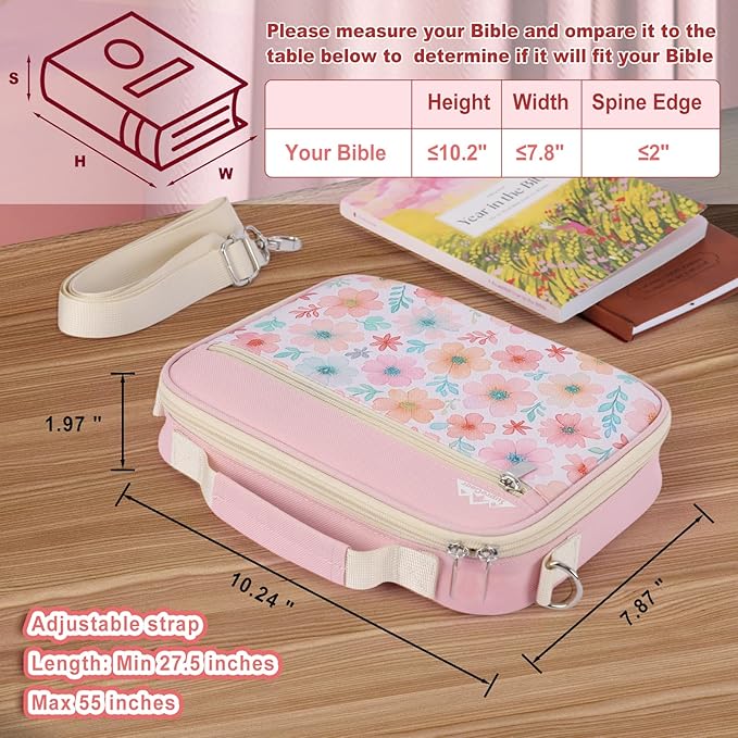 supregear Bible Cover Case for Women, Carrying Book Canvas Church Bag with Shoulder and Handle for Study Supplies Accessories, Quilted Organizer Christian Gift for Girl/Ladies, Floral Pink