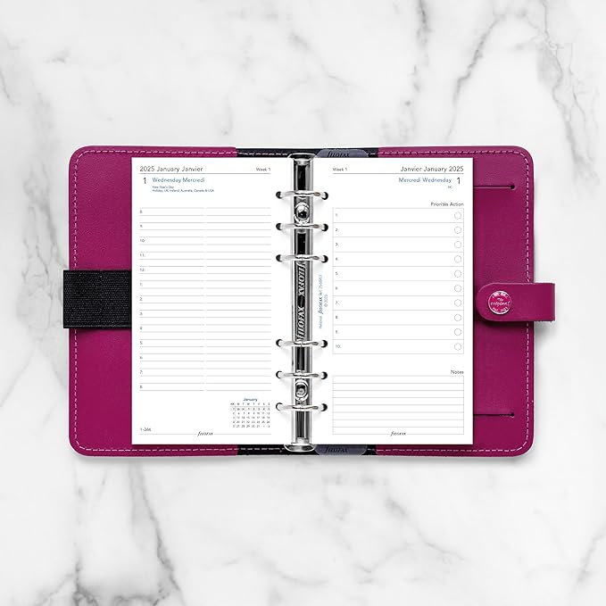 Filofax Calendar Diary Refill, Personal/Compact Size, Day on Two Pages with Appointments, White Paper, Bilingual, 2025 (C68417-25)
