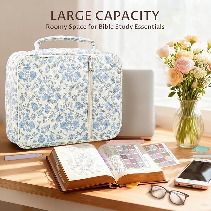 Quilted Bible Cover Case for Women with Bible Study Supplies Journaling Kit Floral Bible Bag Carrying Case with Pastel Highlighters Tabs, Women Christmas Christian Gifts (Blue Floral, M)