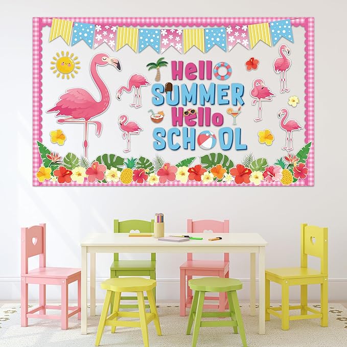 Summer Flamingo Bulletin Board Tropical Hawaiian Classroom Bulletin Board Decorations Pink Flamingo Palm Leaf Cutouts for Hello Summer Hawaiian Back to School Library Window Chalkboard Wall Decor