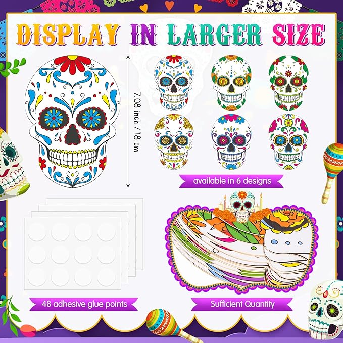 TaoBary 24 Pcs Day of The Dead Decorations Sugar Skull Cutouts Paper 7.09 Inch Dia De Muertos Party Decorations Sugar Skull Bulletin Board Decor for Mexican Halloween Classroom Altar Wall Crafts