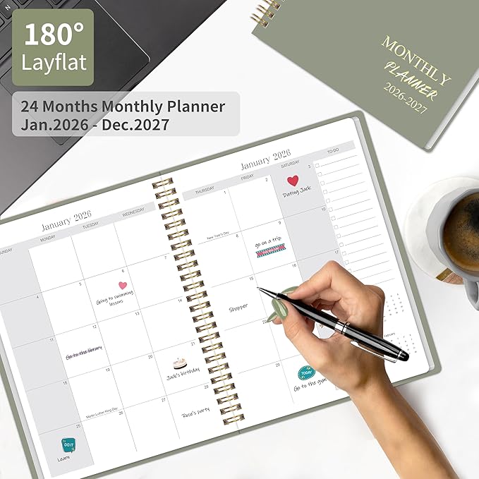 2026-2027 Monthly Planner - 2 Year Monthly Planner 2026-2027, Hard Cardboard Cover, Jan 2026 - Dec 2027, 7.5" x 10", 2 Year Calendar with 24 Month, Twin-wire Binding, Note Pages