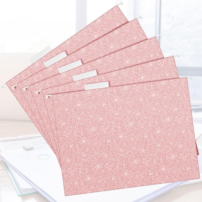 25 Pcs Pink Hanging File Folders 12 x 9.25'' Glitter Hanging Folders with 25 Paper 1/5 Cut Adjustable Tab and 25 Plastic Tab for Medical Charts Office Desktop