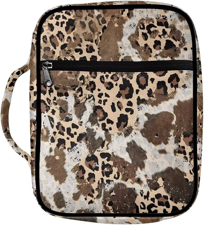 Coldinair Aesthetic Leopard Print Bible Cover for Women Girls Large Bible Case Scripture Study Carrying Book Cover Church Bag Protective with Handle and Zippered Pocket